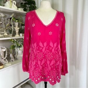 Johnny Was Fuchsia Floral Embroidered Blouse